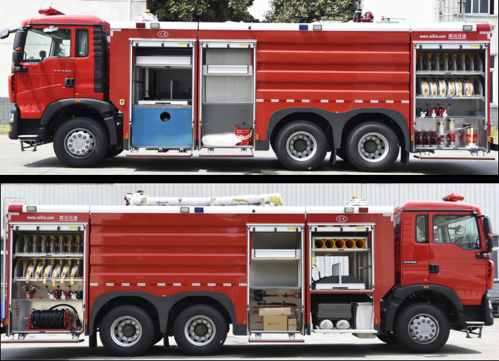 Пожарная машина Синотрук красная с цистерной с водой 12000Л с телескопическим светлым вьюрком шланга